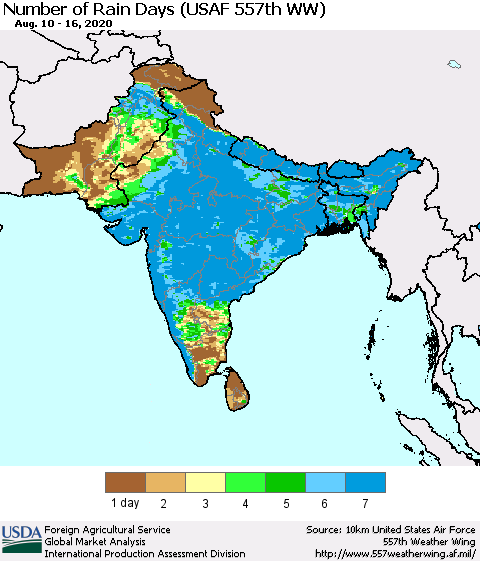 Southern Asia Number of Rain Days (USAF 557th WW) Thematic Map For 8/10/2020 - 8/16/2020
