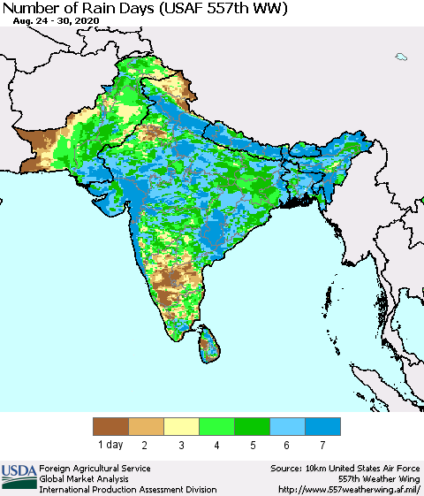 Southern Asia Number of Rain Days (USAF 557th WW) Thematic Map For 8/24/2020 - 8/30/2020