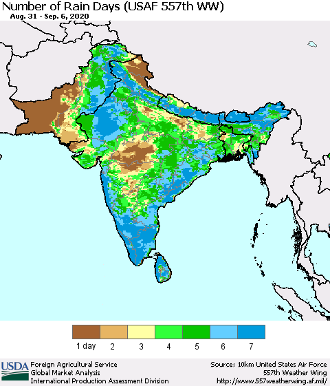 Southern Asia Number of Rain Days (USAF 557th WW) Thematic Map For 8/31/2020 - 9/6/2020