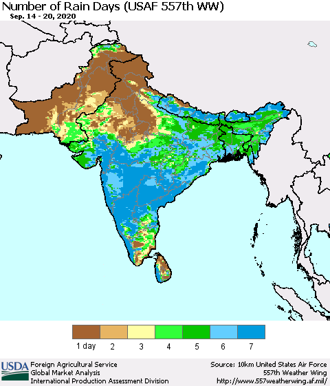 Southern Asia Number of Rain Days (USAF 557th WW) Thematic Map For 9/14/2020 - 9/20/2020