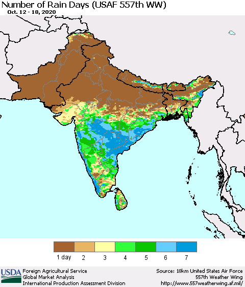 Southern Asia Number of Rain Days (USAF 557th WW) Thematic Map For 10/12/2020 - 10/18/2020