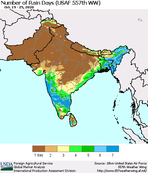 Southern Asia Number of Rain Days (USAF 557th WW) Thematic Map For 10/19/2020 - 10/25/2020