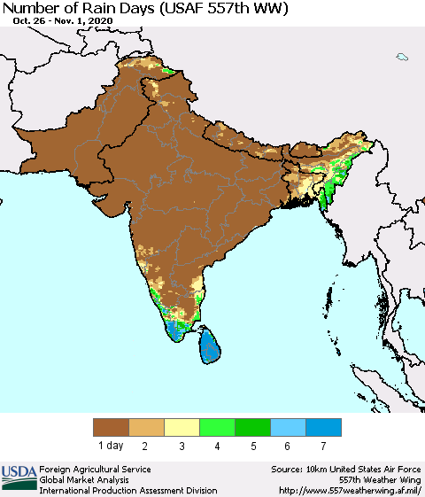 Southern Asia Number of Rain Days (USAF 557th WW) Thematic Map For 10/26/2020 - 11/1/2020