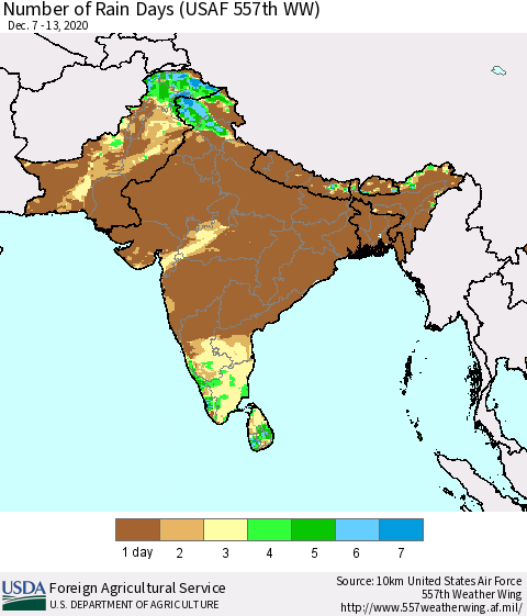 Southern Asia Number of Rain Days (USAF 557th WW) Thematic Map For 12/7/2020 - 12/13/2020