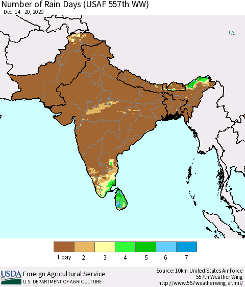 Southern Asia Number of Rain Days (USAF 557th WW) Thematic Map For 12/14/2020 - 12/20/2020