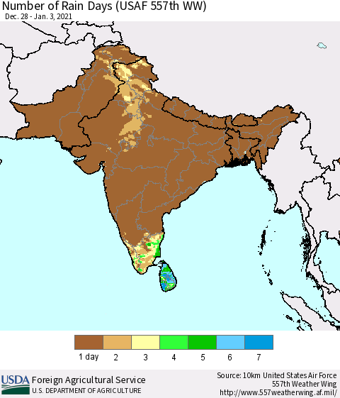 Southern Asia Number of Rain Days (USAF 557th WW) Thematic Map For 12/28/2020 - 1/3/2021
