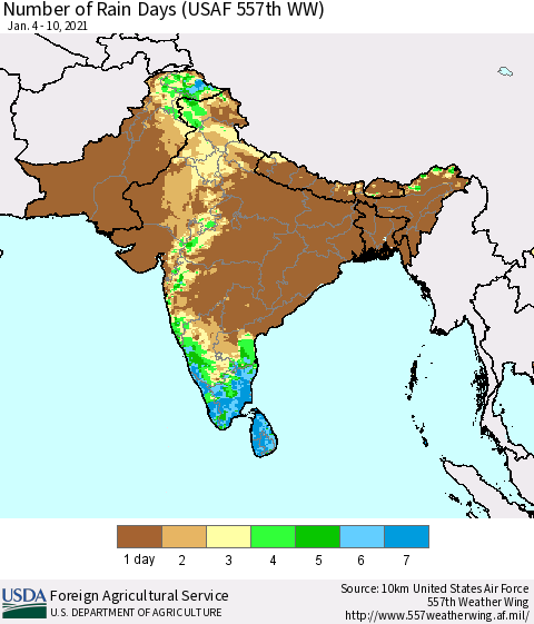 Southern Asia Number of Rain Days (USAF 557th WW) Thematic Map For 1/4/2021 - 1/10/2021