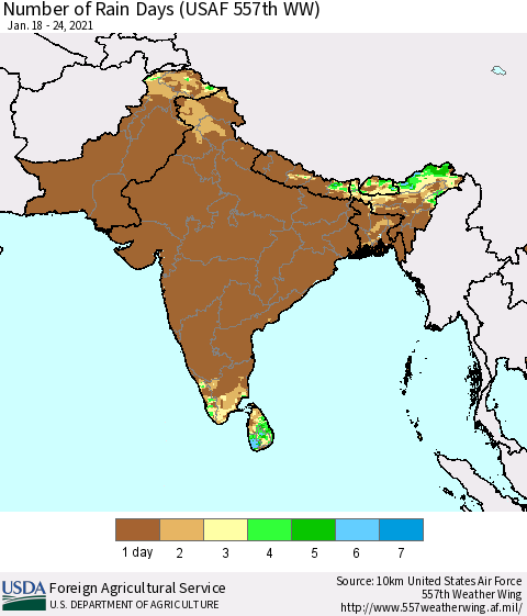 Southern Asia Number of Rain Days (USAF 557th WW) Thematic Map For 1/18/2021 - 1/24/2021