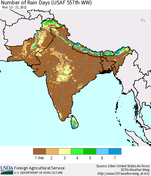 Southern Asia Number of Rain Days (USAF 557th WW) Thematic Map For 3/15/2021 - 3/21/2021
