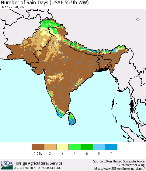 Southern Asia Number of Rain Days (USAF 557th WW) Thematic Map For 3/22/2021 - 3/28/2021