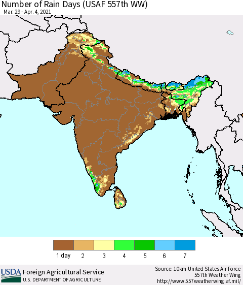 Southern Asia Number of Rain Days (USAF 557th WW) Thematic Map For 3/29/2021 - 4/4/2021