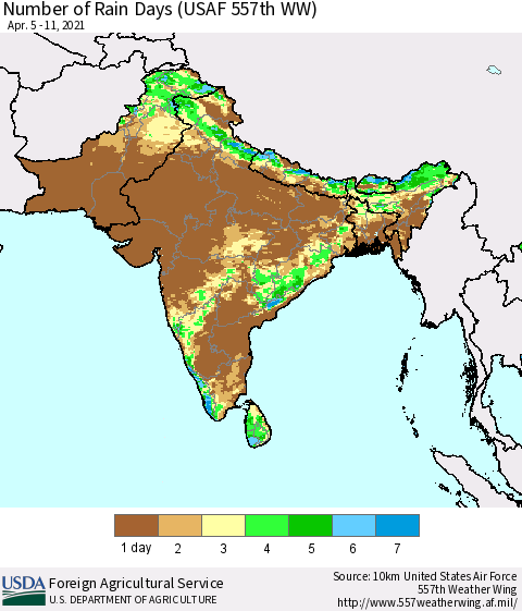 Southern Asia Number of Rain Days (USAF 557th WW) Thematic Map For 4/5/2021 - 4/11/2021