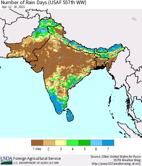 Southern Asia Number of Rain Days (USAF 557th WW) Thematic Map For 4/12/2021 - 4/18/2021