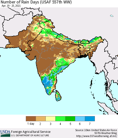 Southern Asia Number of Rain Days (USAF 557th WW) Thematic Map For 4/19/2021 - 4/25/2021