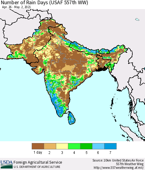 Southern Asia Number of Rain Days (USAF 557th WW) Thematic Map For 4/26/2021 - 5/2/2021