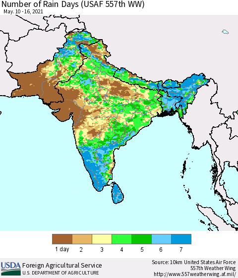 Southern Asia Number of Rain Days (USAF 557th WW) Thematic Map For 5/10/2021 - 5/16/2021