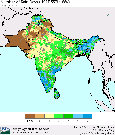 Southern Asia Number of Rain Days (USAF 557th WW) Thematic Map For 5/17/2021 - 5/23/2021