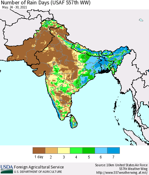 Southern Asia Number of Rain Days (USAF 557th WW) Thematic Map For 5/24/2021 - 5/30/2021