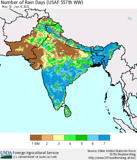 Southern Asia Number of Rain Days (USAF 557th WW) Thematic Map For 5/31/2021 - 6/6/2021