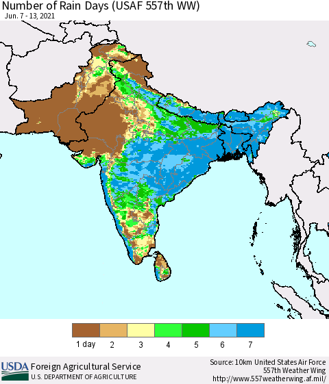 Southern Asia Number of Rain Days (USAF 557th WW) Thematic Map For 6/7/2021 - 6/13/2021