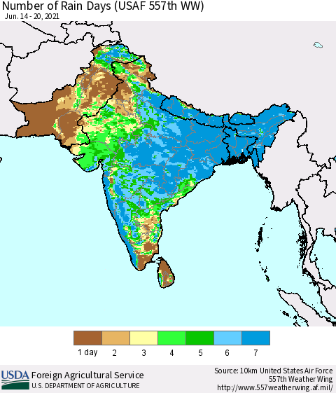 Southern Asia Number of Rain Days (USAF 557th WW) Thematic Map For 6/14/2021 - 6/20/2021
