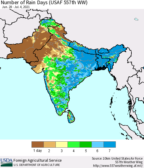 Southern Asia Number of Rain Days (USAF 557th WW) Thematic Map For 6/28/2021 - 7/4/2021