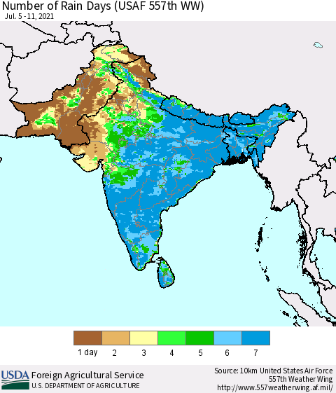Southern Asia Number of Rain Days (USAF 557th WW) Thematic Map For 7/5/2021 - 7/11/2021