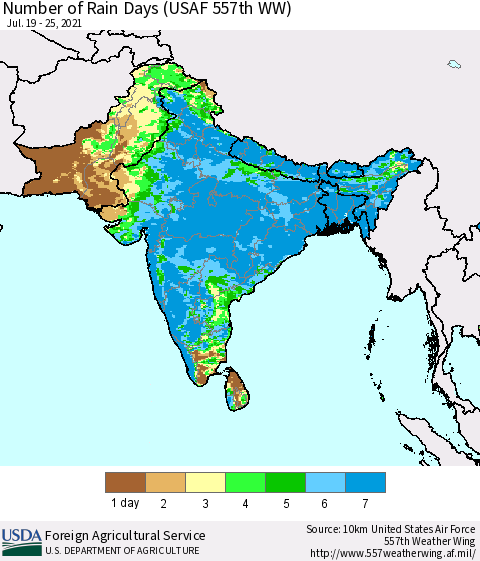 Southern Asia Number of Rain Days (USAF 557th WW) Thematic Map For 7/19/2021 - 7/25/2021