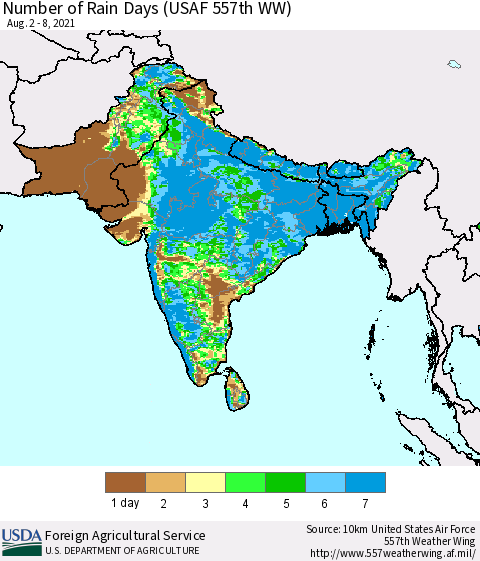 Southern Asia Number of Rain Days (USAF 557th WW) Thematic Map For 8/2/2021 - 8/8/2021