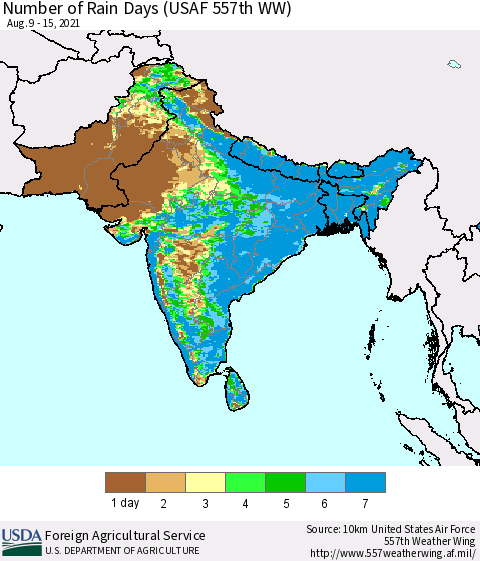 Southern Asia Number of Rain Days (USAF 557th WW) Thematic Map For 8/9/2021 - 8/15/2021