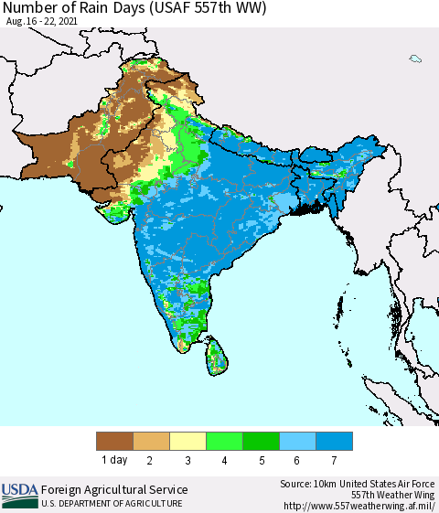 Southern Asia Number of Rain Days (USAF 557th WW) Thematic Map For 8/16/2021 - 8/22/2021