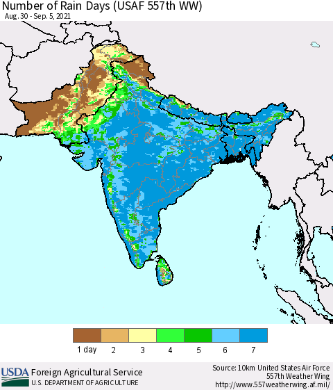 Southern Asia Number of Rain Days (USAF 557th WW) Thematic Map For 8/30/2021 - 9/5/2021