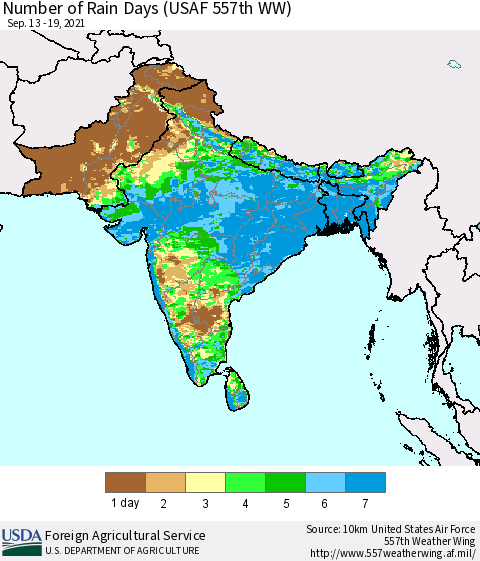 Southern Asia Number of Rain Days (USAF 557th WW) Thematic Map For 9/13/2021 - 9/19/2021