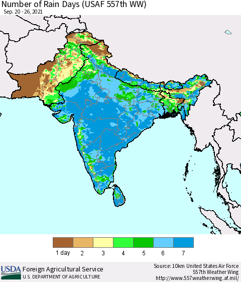 Southern Asia Number of Rain Days (USAF 557th WW) Thematic Map For 9/20/2021 - 9/26/2021