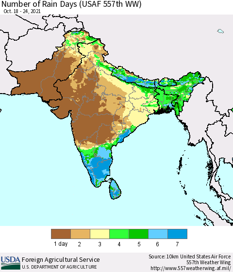 Southern Asia Number of Rain Days (USAF 557th WW) Thematic Map For 10/18/2021 - 10/24/2021