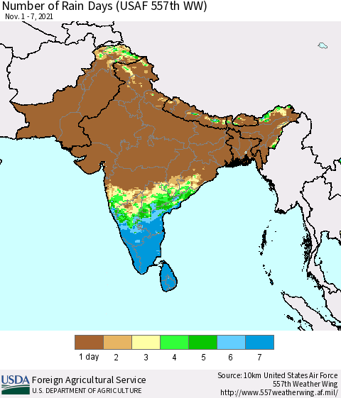 Southern Asia Number of Rain Days (USAF 557th WW) Thematic Map For 11/1/2021 - 11/7/2021