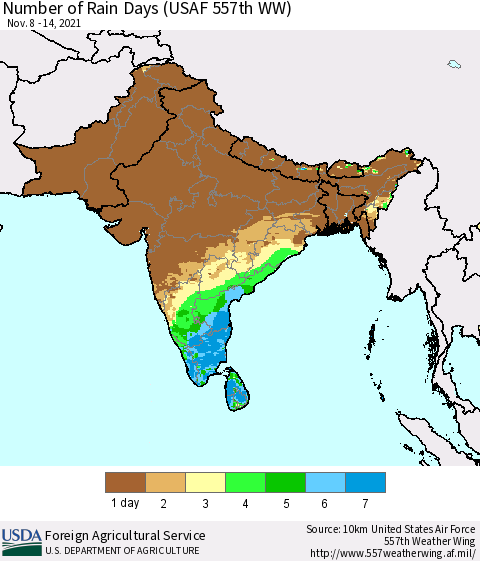 Southern Asia Number of Rain Days (USAF 557th WW) Thematic Map For 11/8/2021 - 11/14/2021