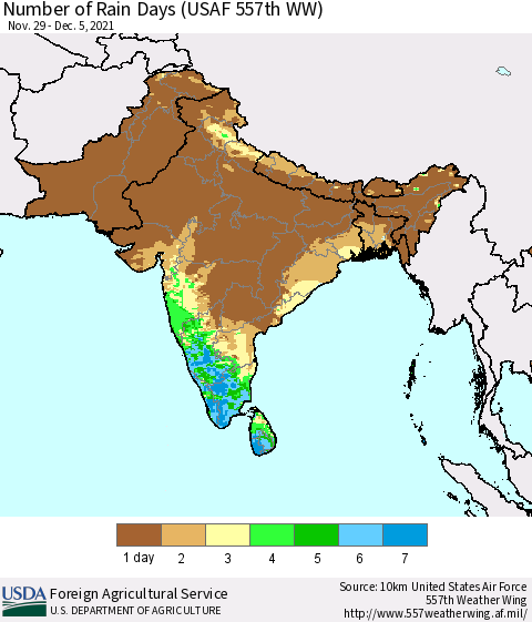 Southern Asia Number of Rain Days (USAF 557th WW) Thematic Map For 11/29/2021 - 12/5/2021