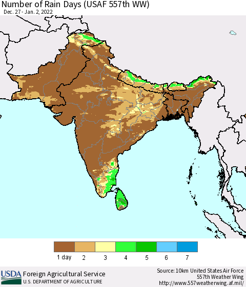 Southern Asia Number of Rain Days (USAF 557th WW) Thematic Map For 12/27/2021 - 1/2/2022