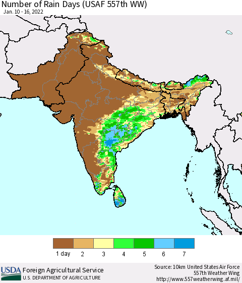 Southern Asia Number of Rain Days (USAF 557th WW) Thematic Map For 1/10/2022 - 1/16/2022