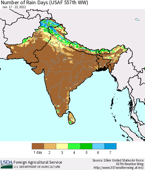 Southern Asia Number of Rain Days (USAF 557th WW) Thematic Map For 1/17/2022 - 1/23/2022