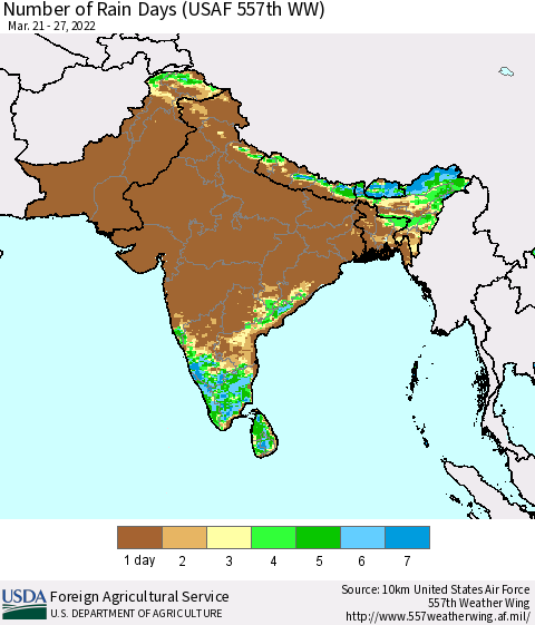 Southern Asia Number of Rain Days (USAF 557th WW) Thematic Map For 3/21/2022 - 3/27/2022