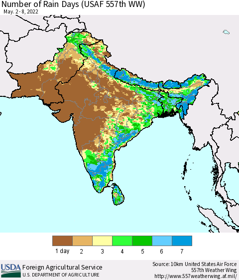 Southern Asia Number of Rain Days (USAF 557th WW) Thematic Map For 5/2/2022 - 5/8/2022