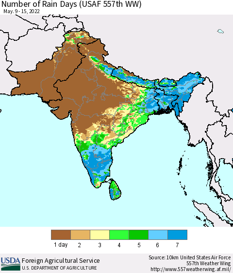Southern Asia Number of Rain Days (USAF 557th WW) Thematic Map For 5/9/2022 - 5/15/2022