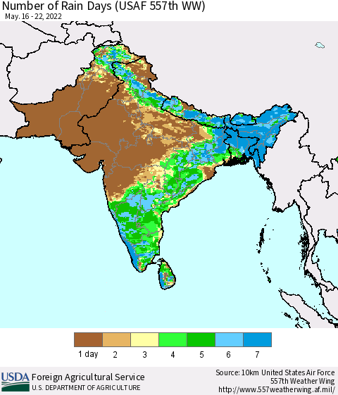 Southern Asia Number of Rain Days (USAF 557th WW) Thematic Map For 5/16/2022 - 5/22/2022
