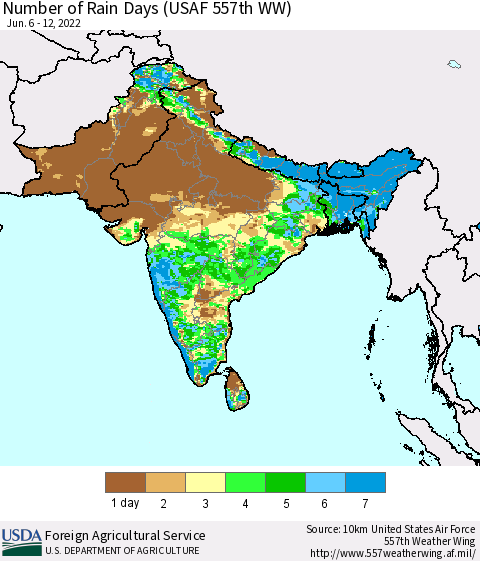 Southern Asia Number of Rain Days (USAF 557th WW) Thematic Map For 6/6/2022 - 6/12/2022