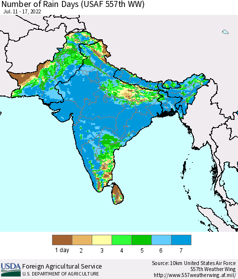 Southern Asia Number of Rain Days (USAF 557th WW) Thematic Map For 7/11/2022 - 7/17/2022