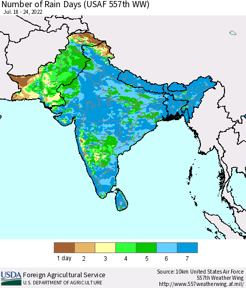 Southern Asia Number of Rain Days (USAF 557th WW) Thematic Map For 7/18/2022 - 7/24/2022