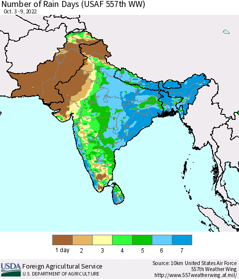 Southern Asia Number of Rain Days (USAF 557th WW) Thematic Map For 10/3/2022 - 10/9/2022