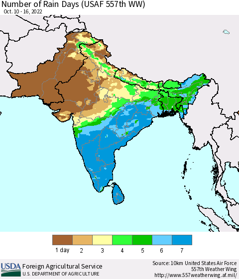Southern Asia Number of Rain Days (USAF 557th WW) Thematic Map For 10/10/2022 - 10/16/2022